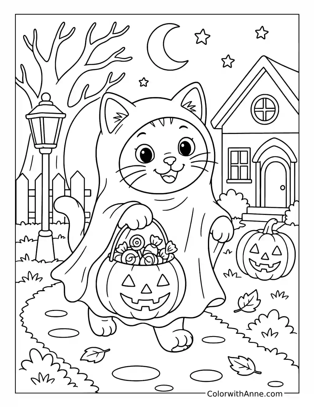 Ghost Costume Cat Trick-or-Treating coloring page