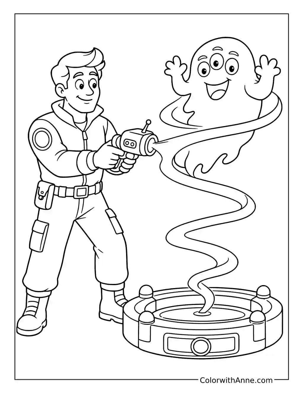 Ghost Hunter Guiding a Waving Spirit into a Circular Trap coloring page