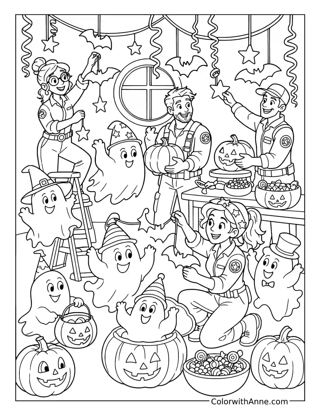 Ghost Hunters Decorating for Halloween with Friendly Spirits coloring page