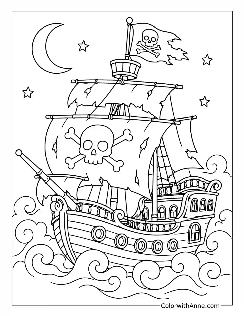 Ghost Pirate Ship Under the Moon coloring page
