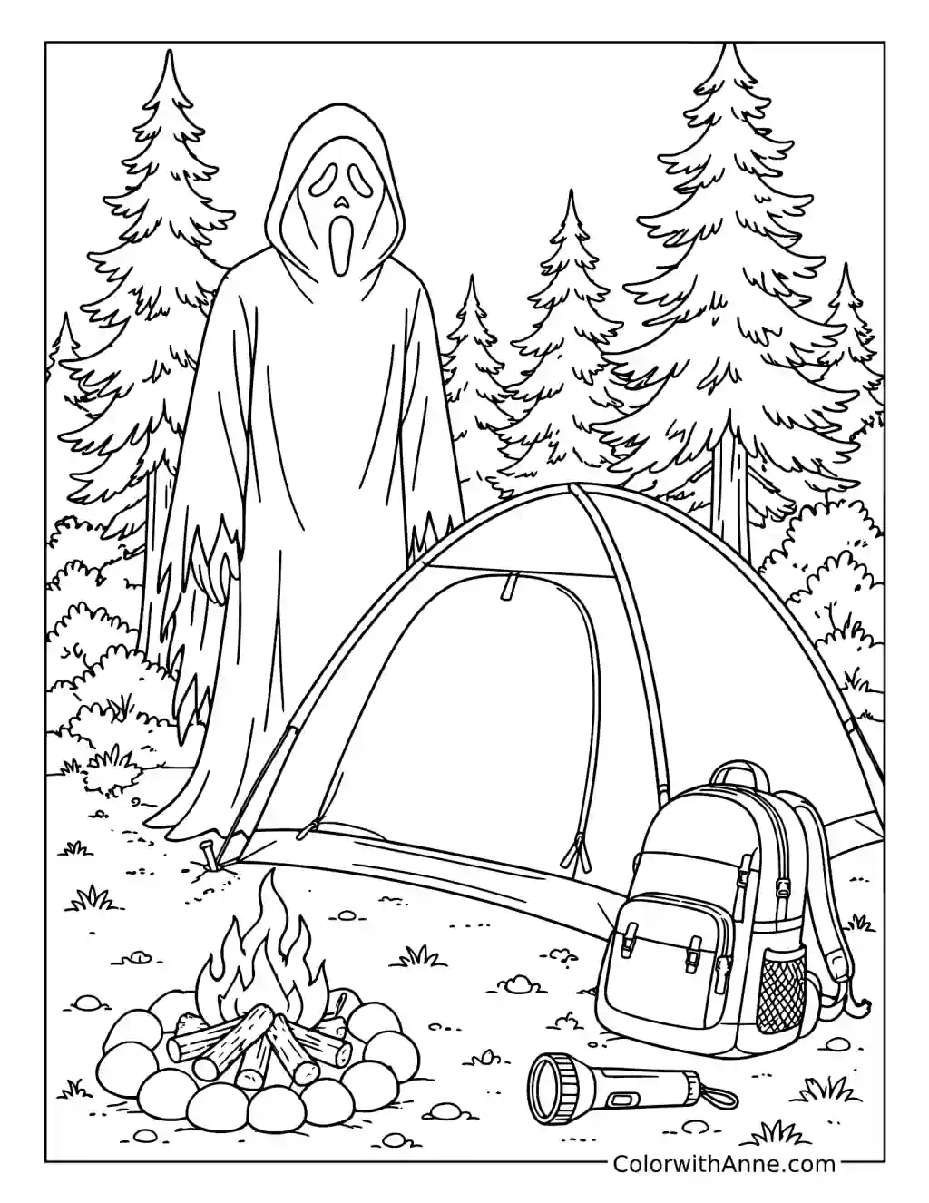 Ghostface at a Forest Campsite coloring page
