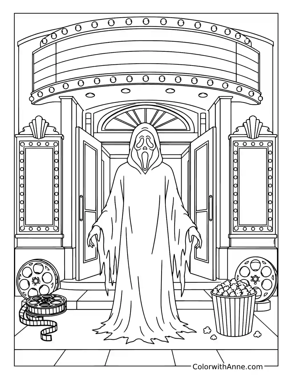 Ghostface at an Abandoned Movie Theater coloring page