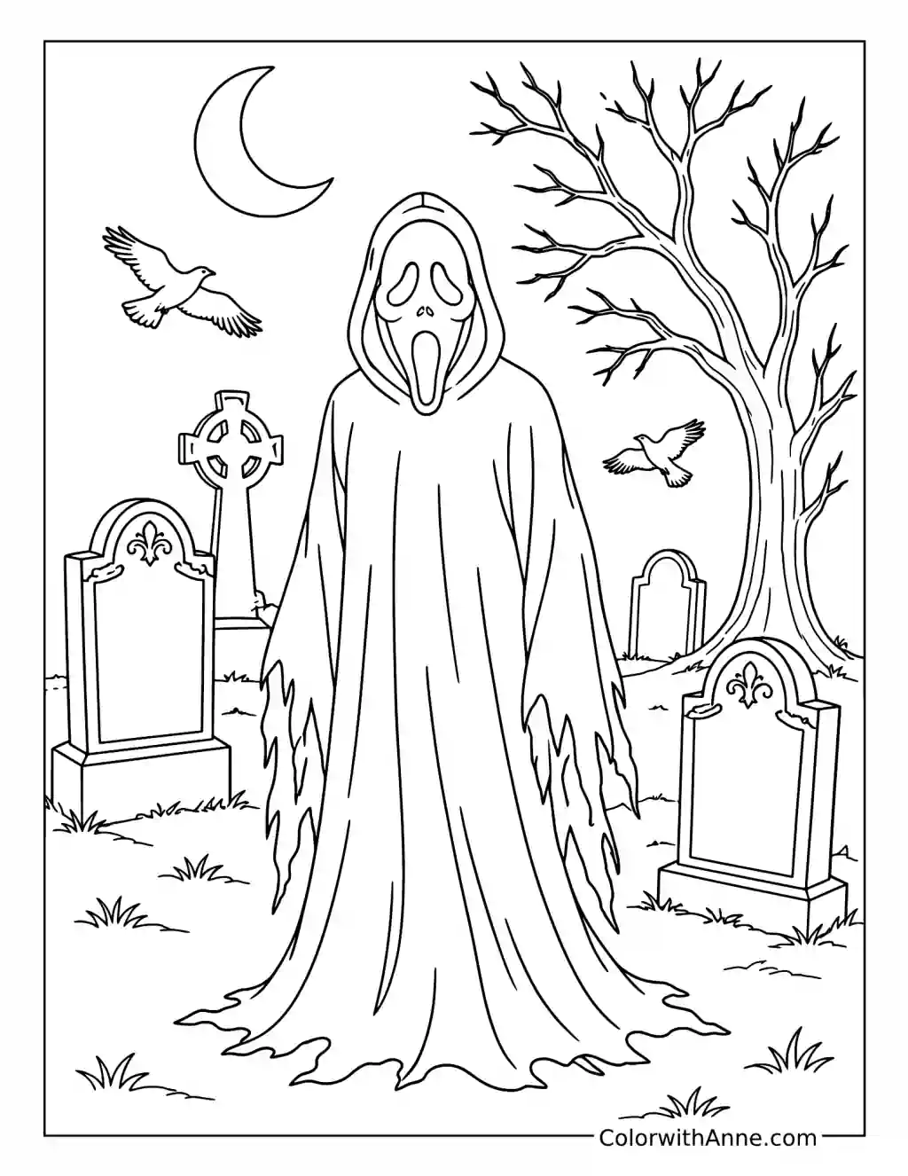 Ghostface in a Moonlit Graveyard coloring page