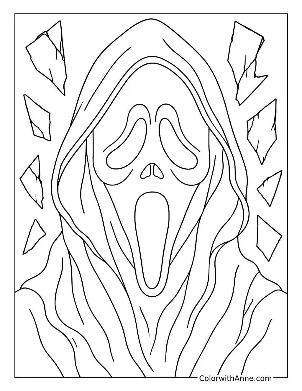 Ghostface Mask Close-Up with Broken Glass coloring page