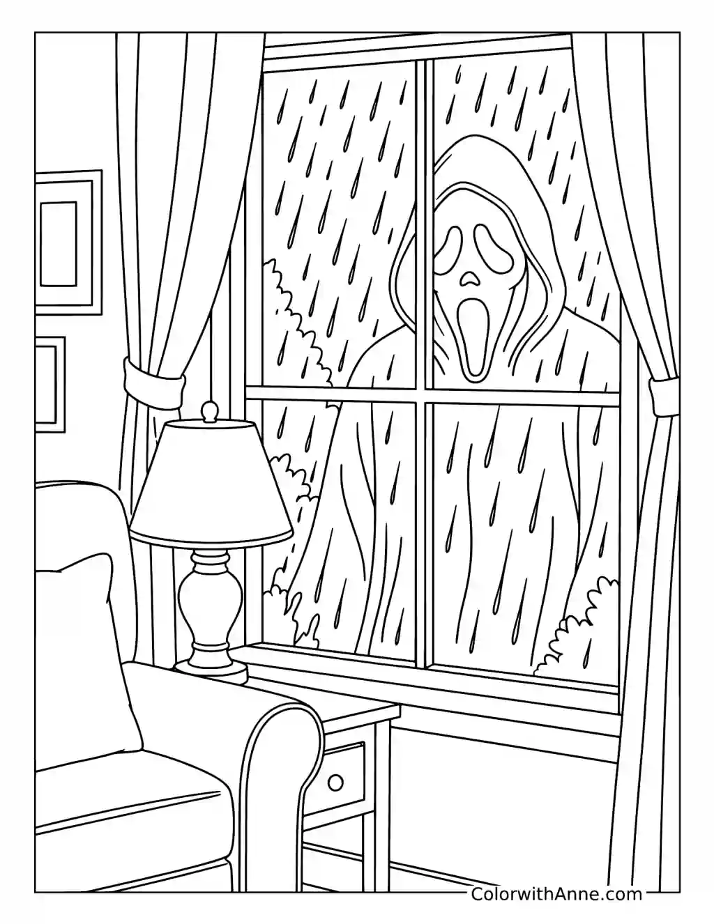 Ghostface Outside the Window on a Rainy Night coloring page