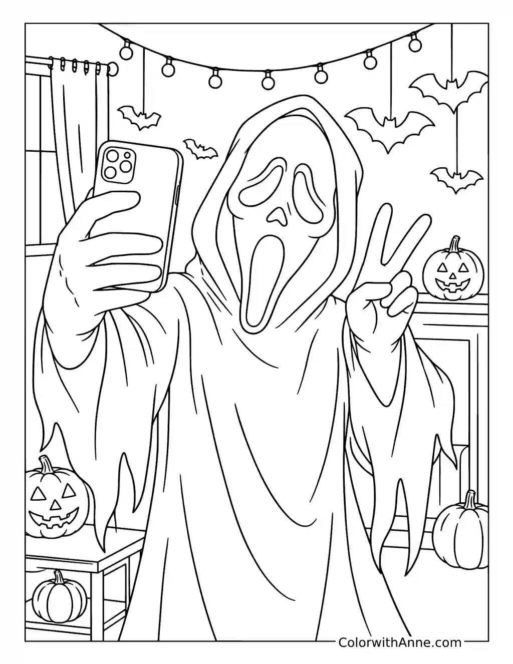 Ghostface Taking a Halloween Selfie coloring page