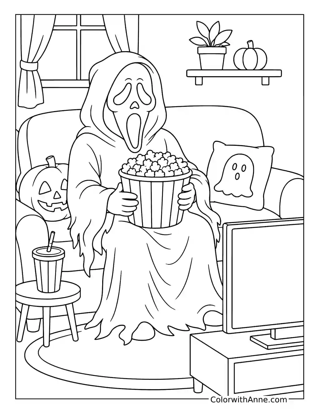 Ghostface Watching a Scary Movie coloring page
