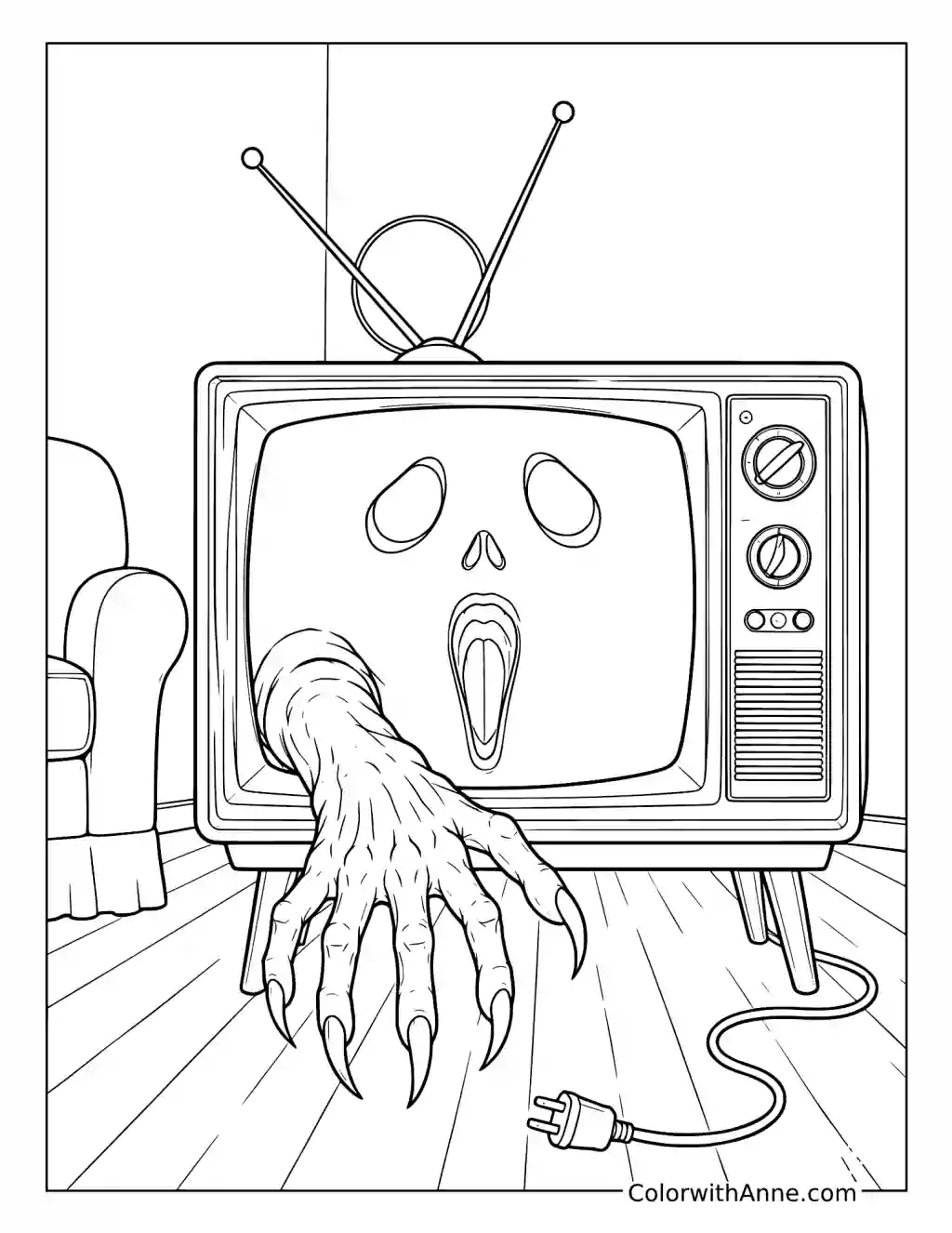 Ghostly Face and Clawed Hand Emerging from a Television coloring page