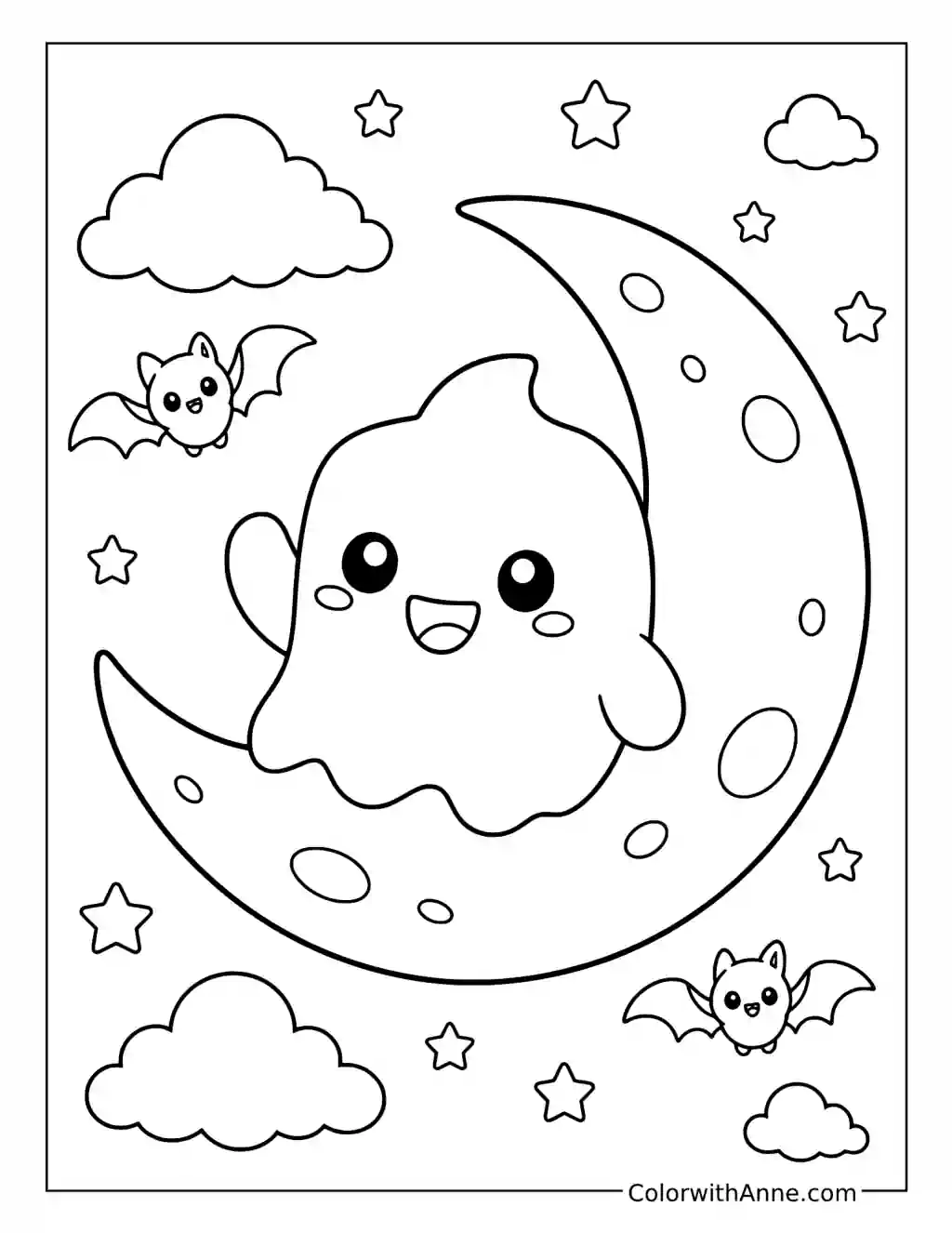 Ghosty Sitting on a Crescent Moon coloring page