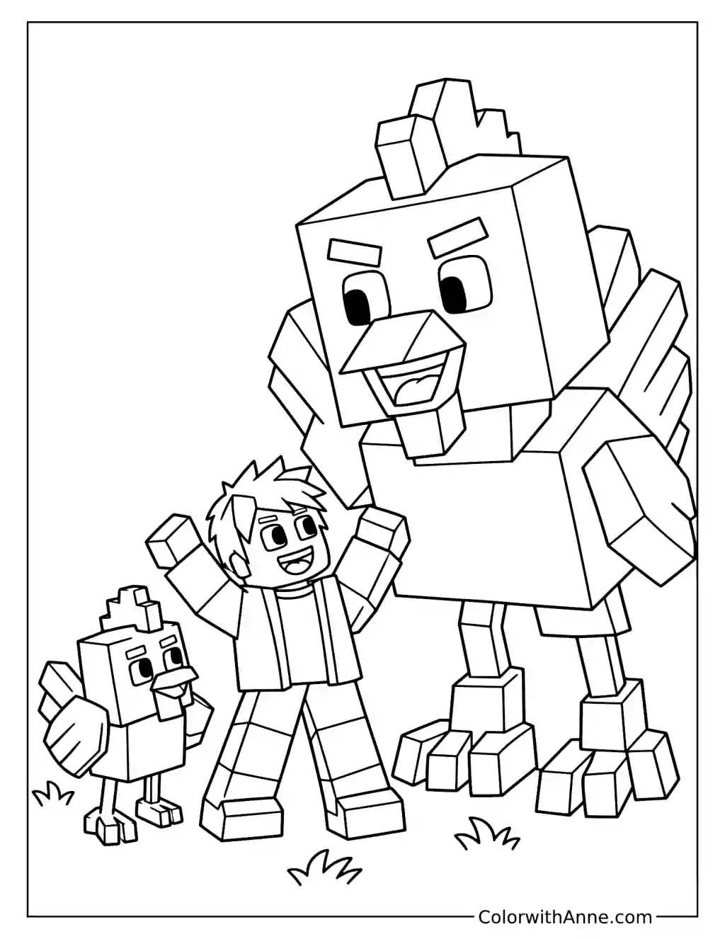 A giant cubic chicken stands beside a small player and chick on a grassy patch.