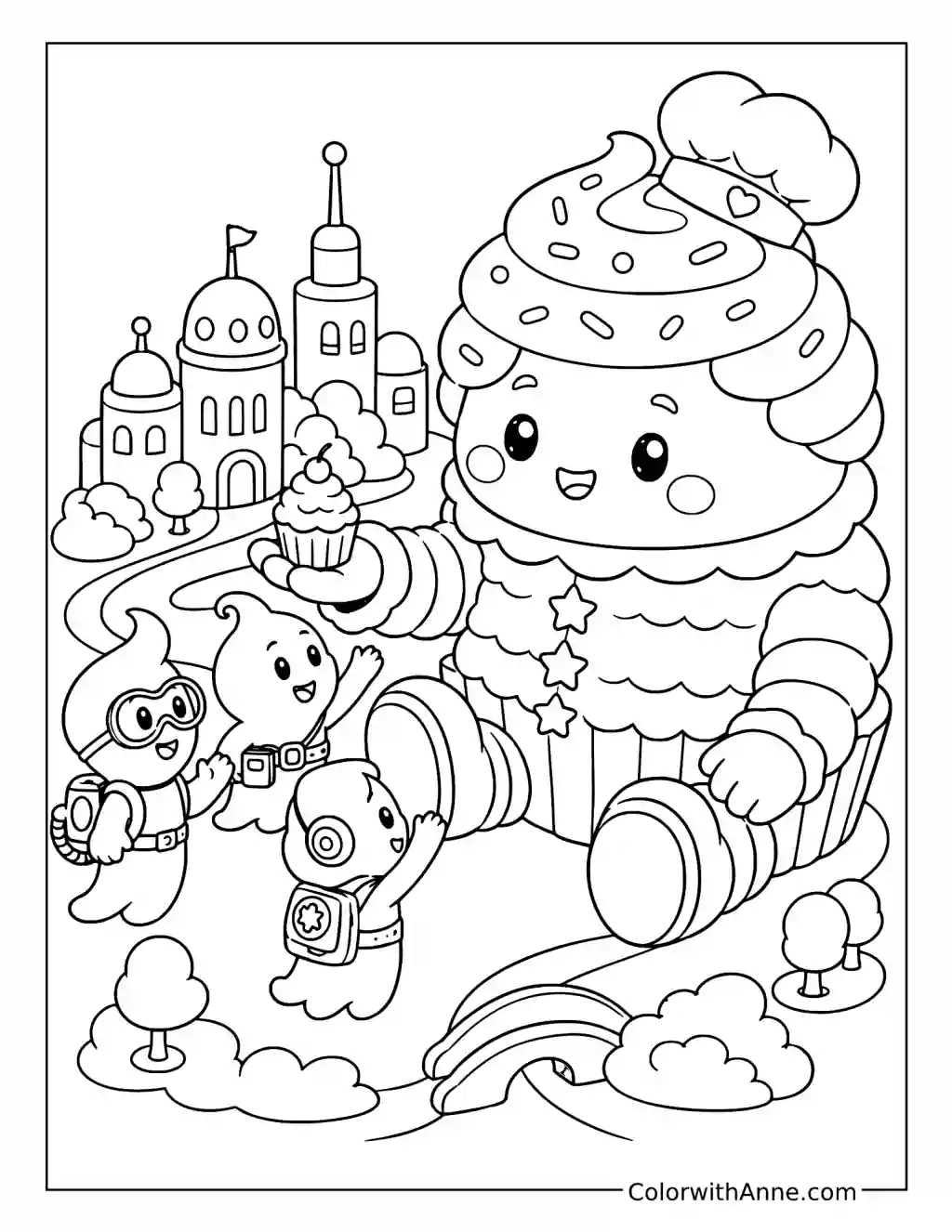 Giant Cupcake Creature Sharing a Treat with Little Ghosts coloring page