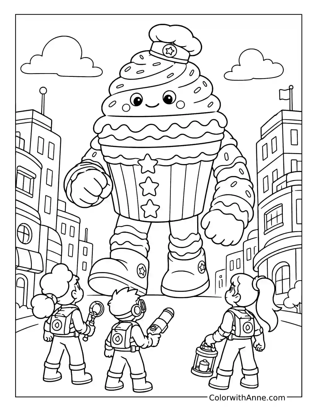 Giant Cupcake Monster Facing Three Ghost Hunters coloring page