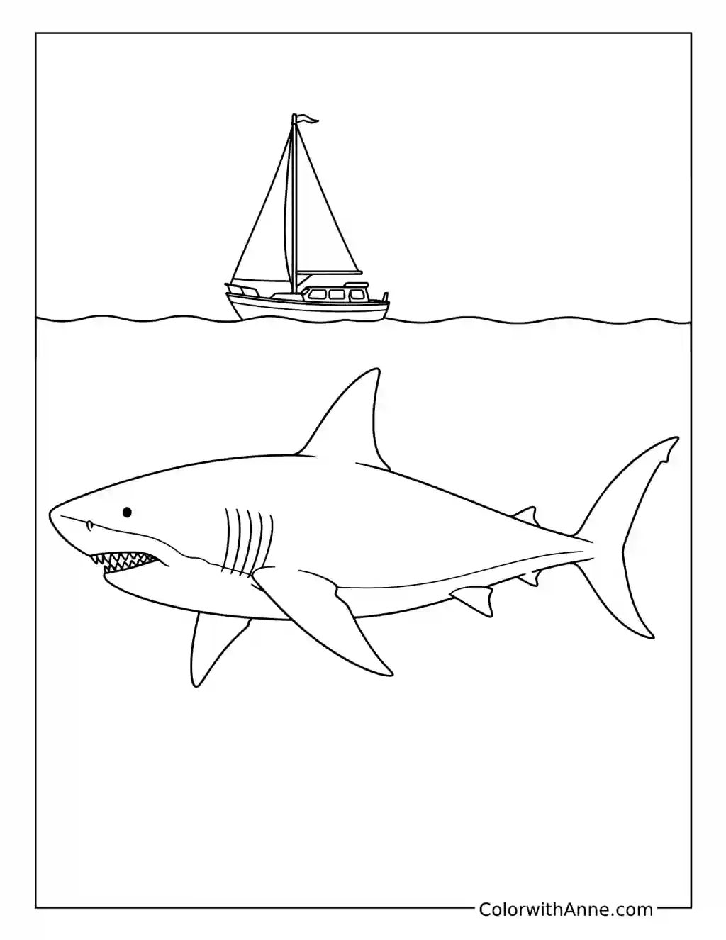 Giant Megalodon and a Small Boat coloring page