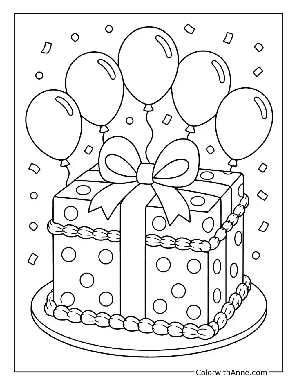 Gift Box Birthday Cake with Balloons coloring page