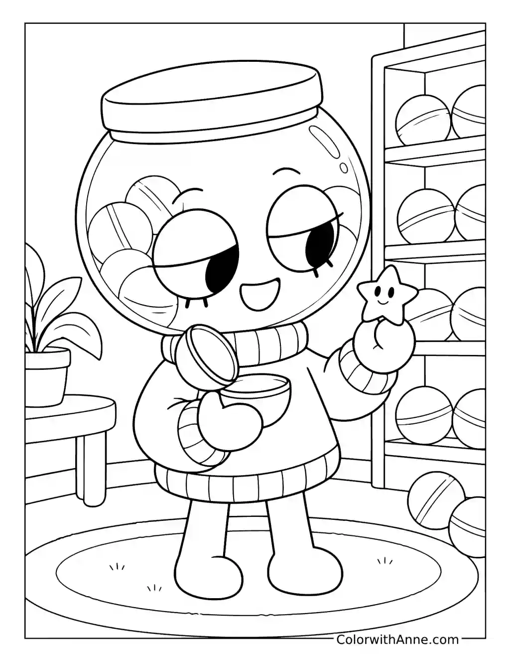 Gigi holds an open capsule and a small star shaped surprise beside shelves of capsules.
