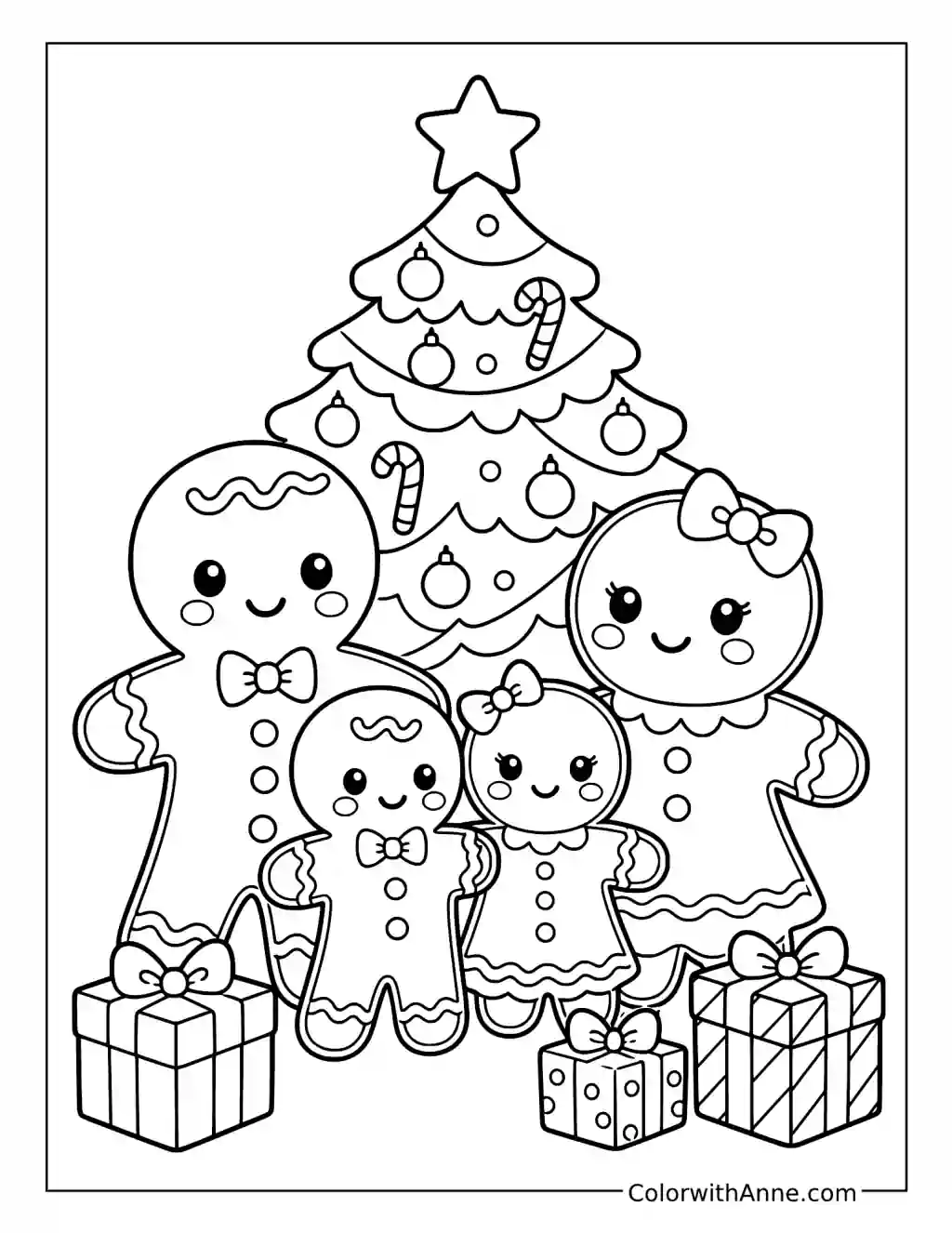Gingerbread Family beside a Christmas Tree coloring page