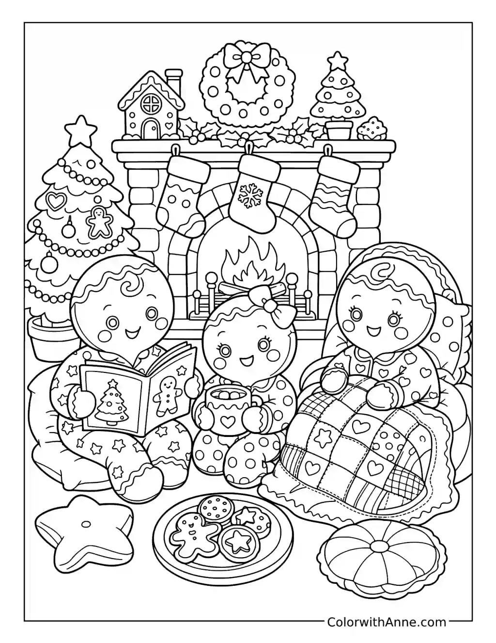 Gingerbread Family Reading by the Fireplace coloring page