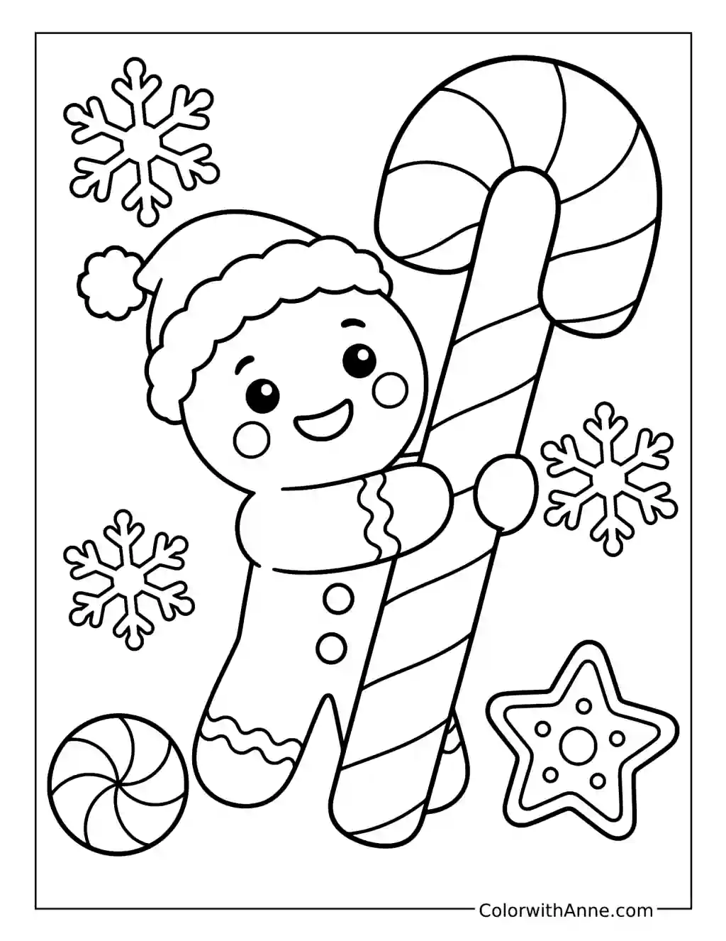 Gingerbread Friend with a Giant Candy Cane coloring page