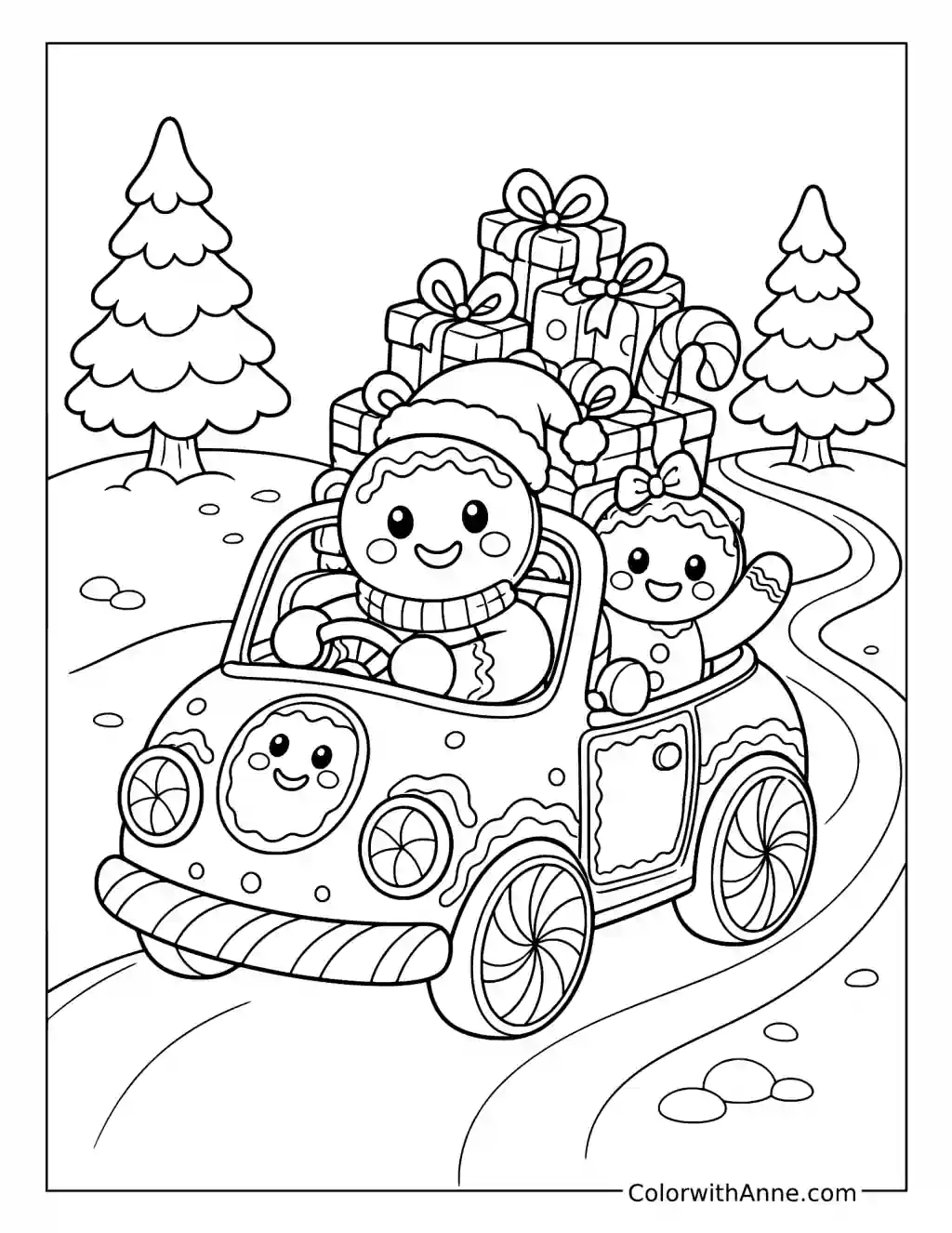 Gingerbread Friends Driving a Car with Christmas Gifts coloring page
