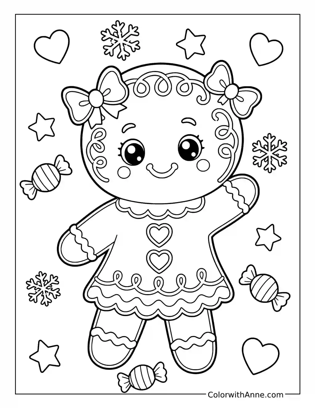 Gingerbread Girl with Bows and Heart Buttons coloring page