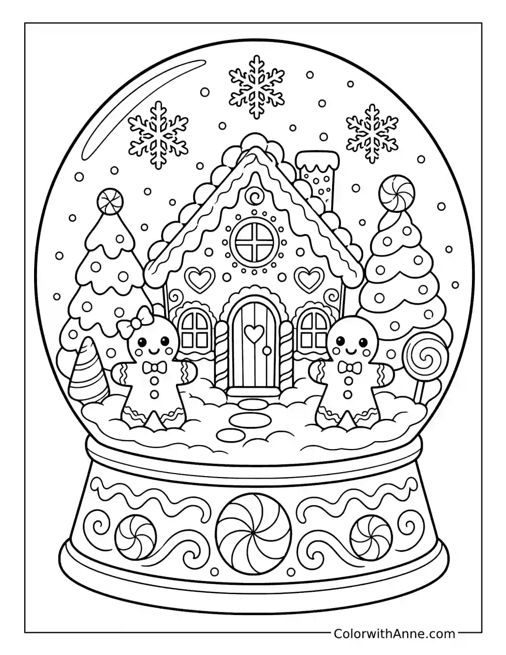 Gingerbread House and Cookies in a Snow Globe coloring page