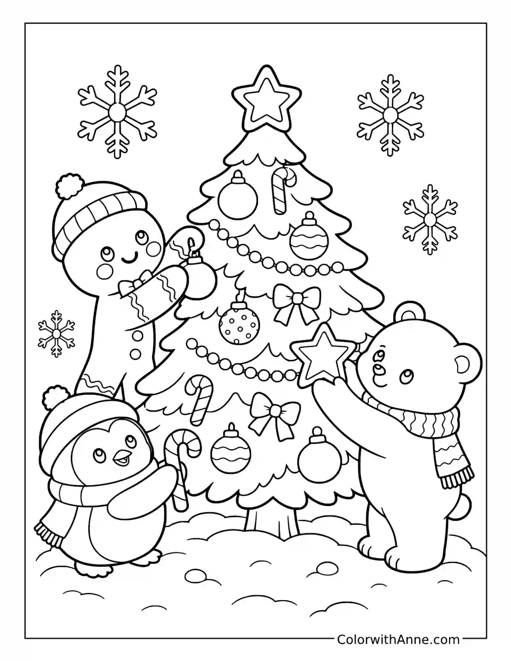 Gingerbread Man and Animal Friends Decorating a Christmas Tree coloring page