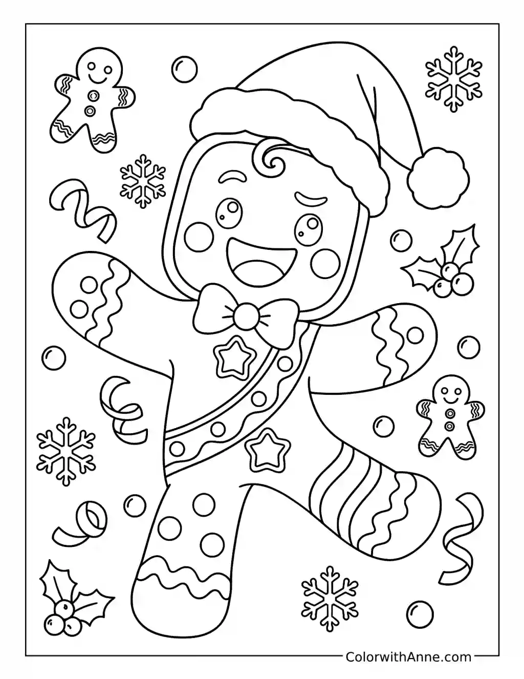Gingerbread Man Dancing in a Santa Hat coloring page