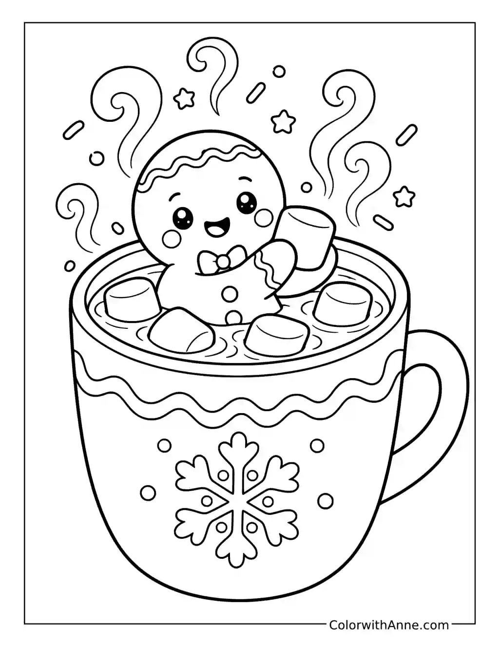 Gingerbread Man in Hot Cocoa with Marshmallows coloring page
