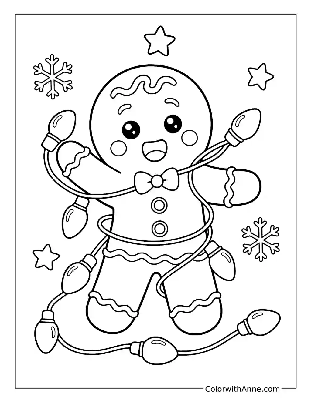 Gingerbread Man Tangled in Christmas Lights coloring page