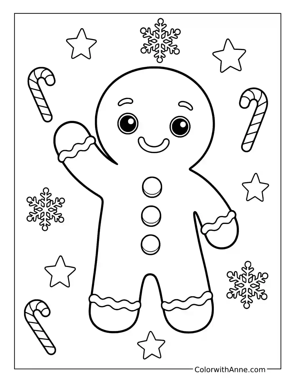 Gingerbread Man Waving among Candy Canes coloring page