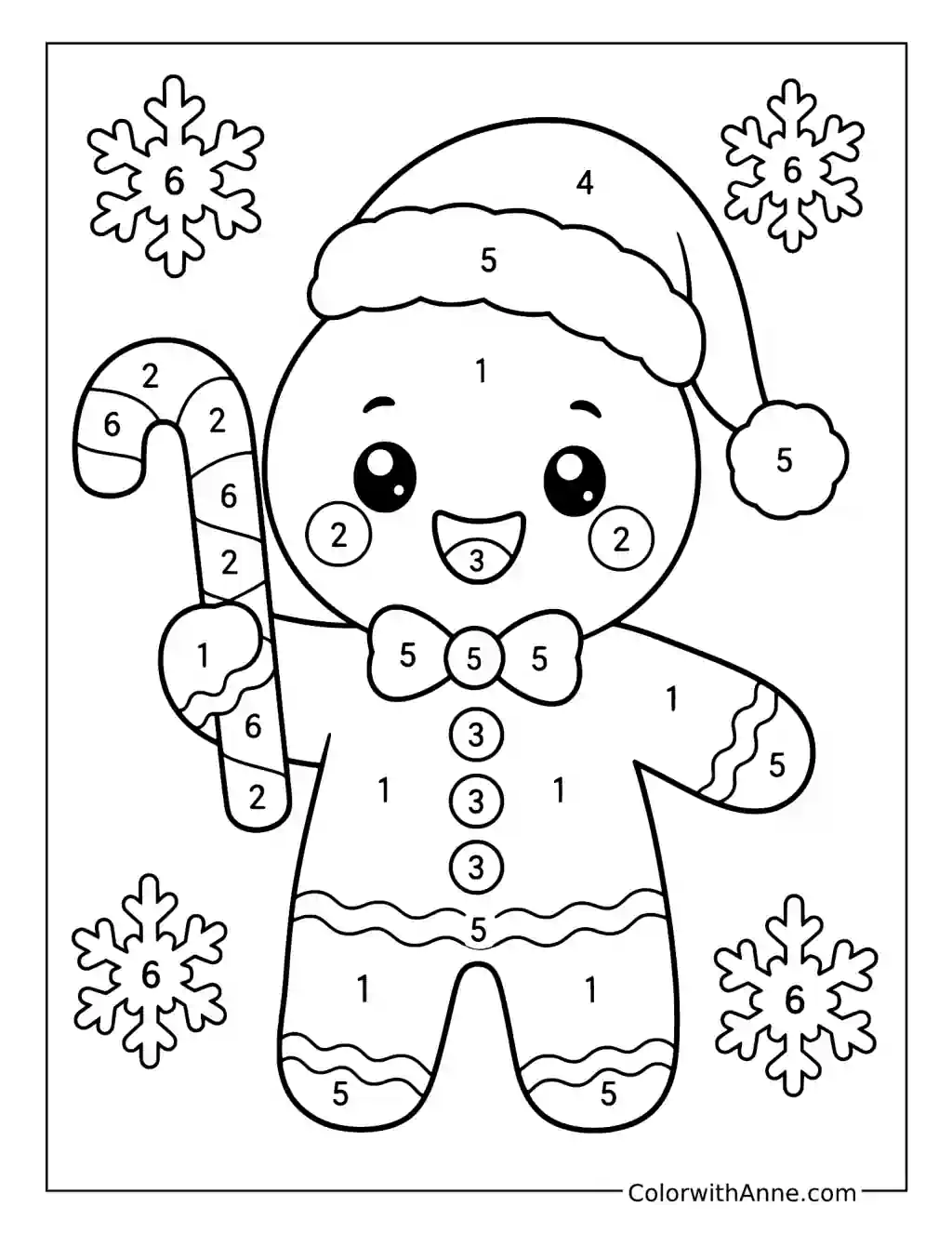 Gingerbread Man with a Candy Cane Color by Number coloring page
