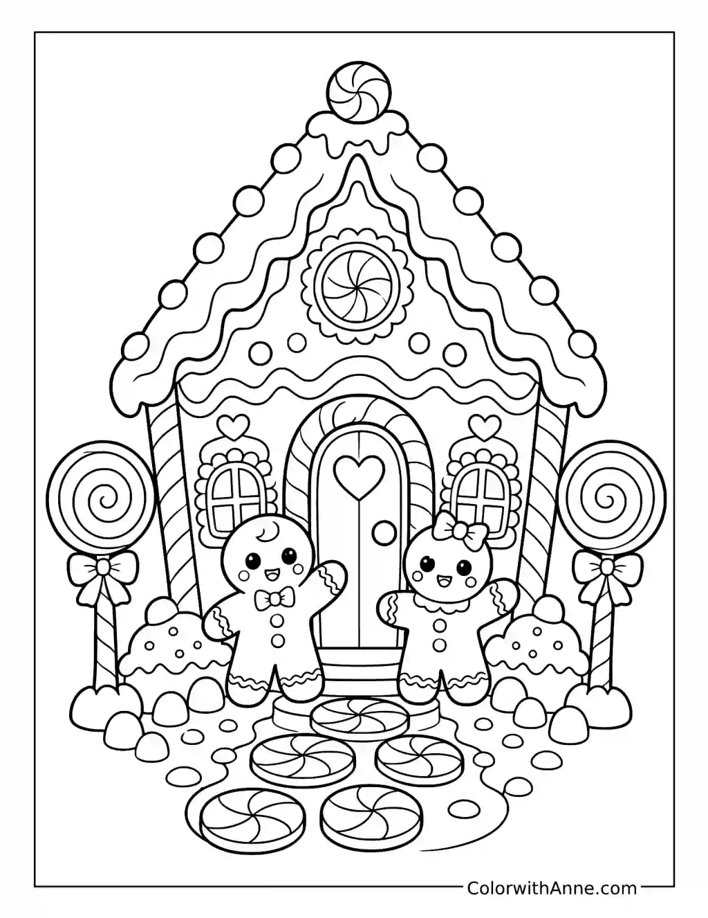 Gingerbread Pair outside a Candy House coloring page