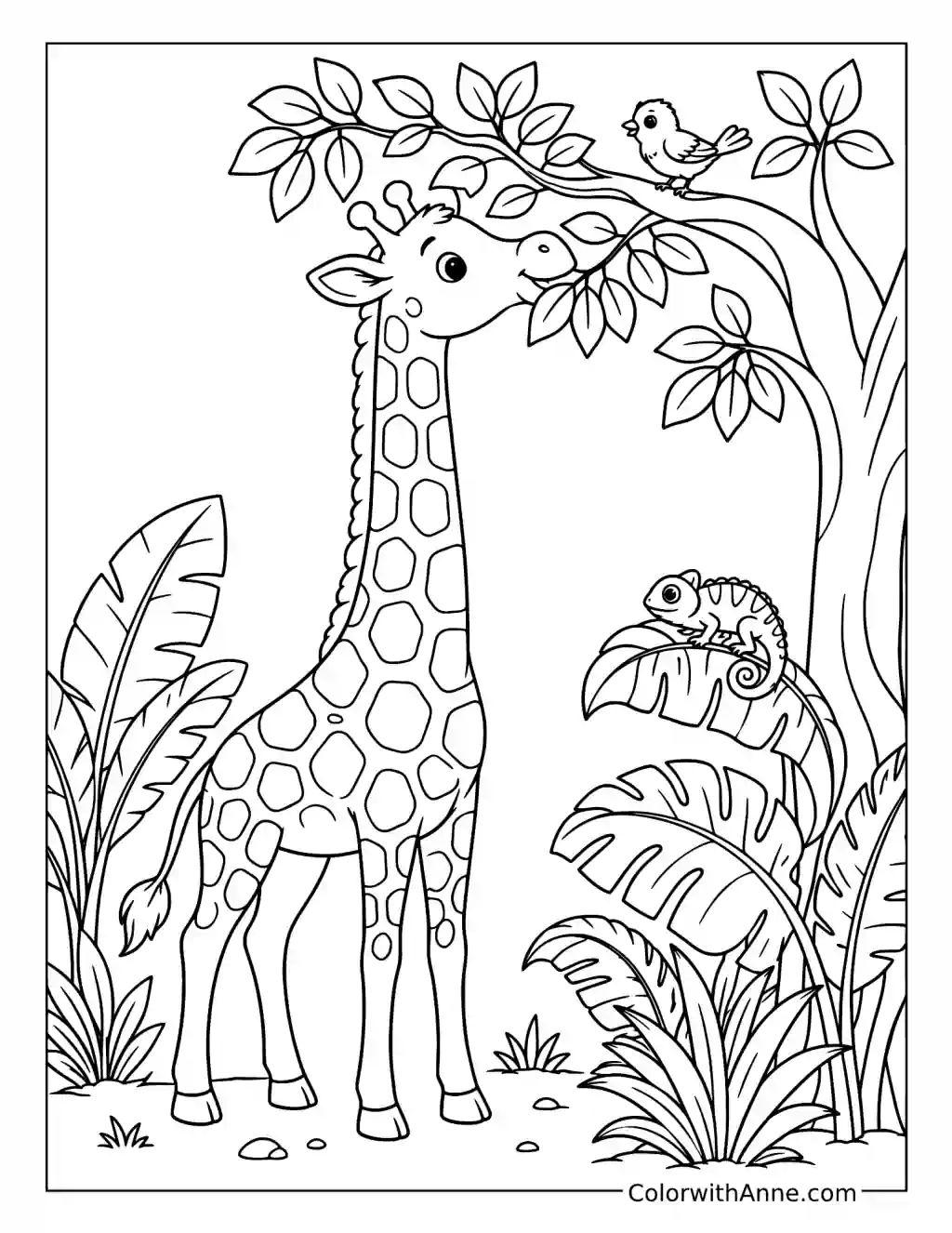 Giraffe Eating Leaves with a Bird and Chameleon coloring page