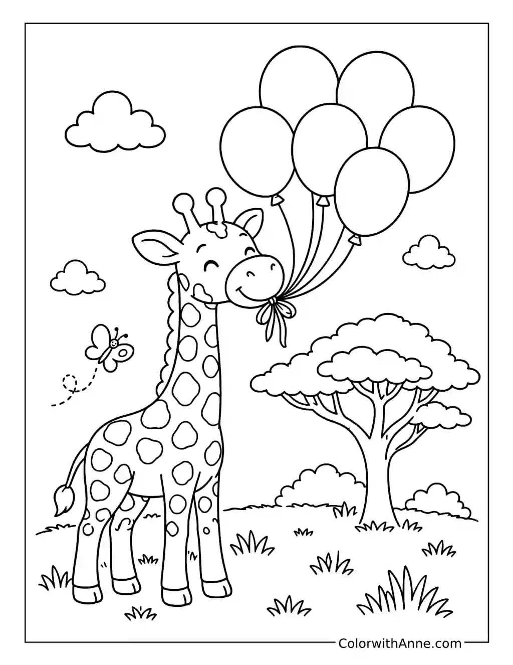 Giraffe’s Savanna Balloon Bouquet coloring page