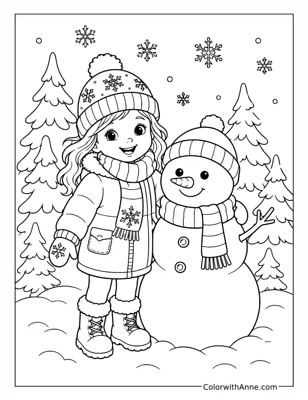 Girl and Snowman Among Snowy Pines coloring page