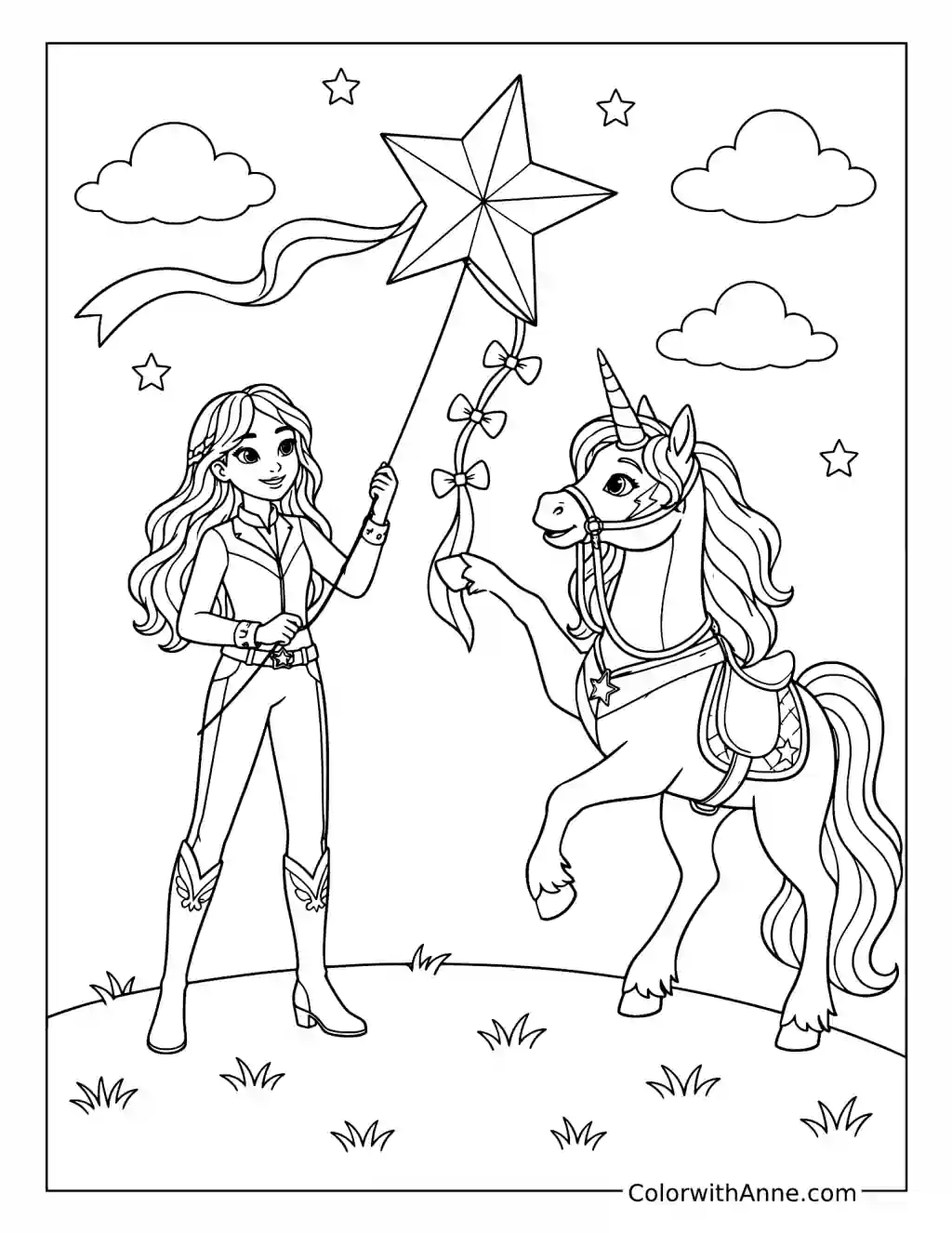 Girl and Storm Flying a Star Kite coloring page