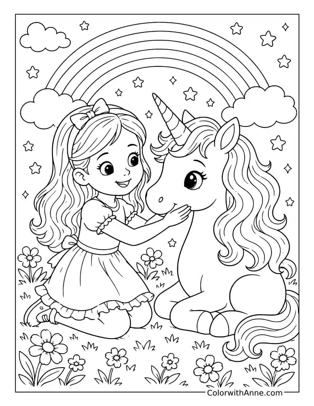 Girl and Unicorn Under Rainbow Skies coloring page