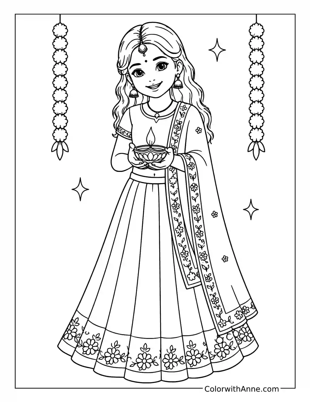 Girl Holding a Diya coloring page