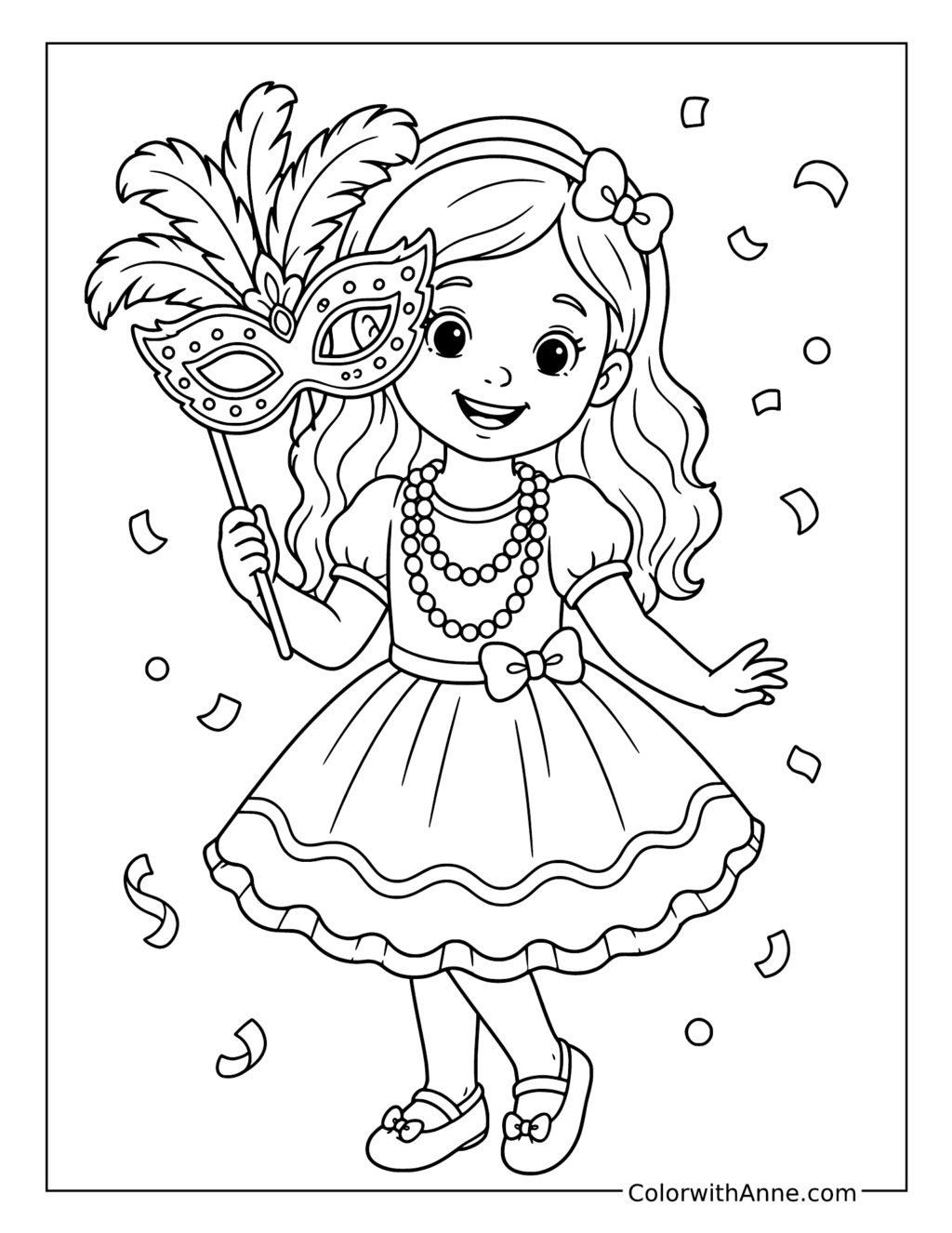 Girl Holding a Mardi Gras Mask coloring page
