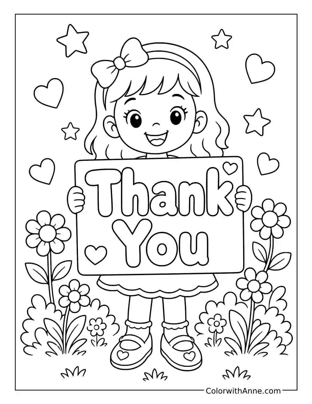 Girl Holding Thank You Sign in Garden coloring page