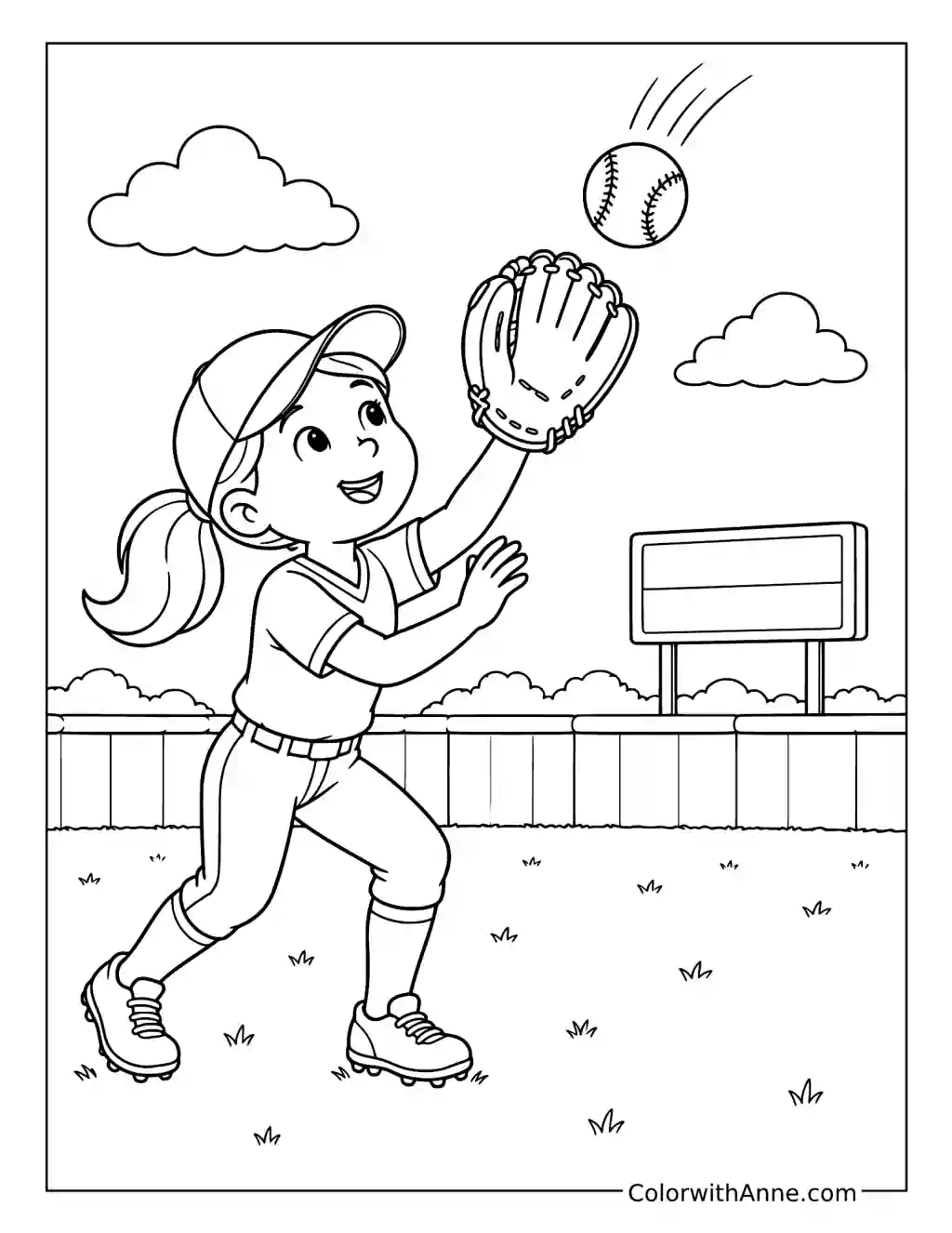 Girl Outfielder Catches a Fly Ball coloring page