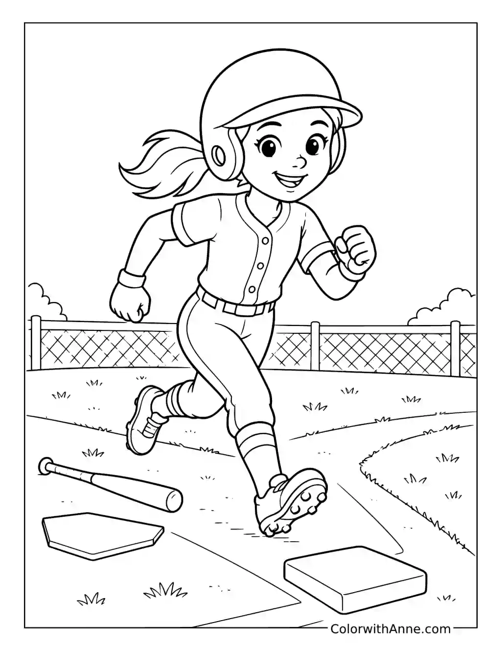 Girl Softball Player Running to First Base coloring page