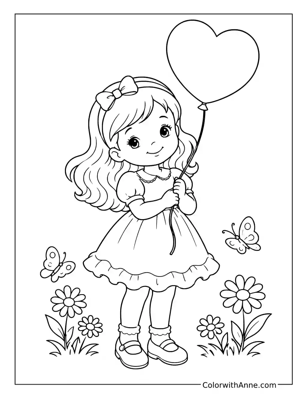 Girl with Heart Balloon and Butterflies coloring page