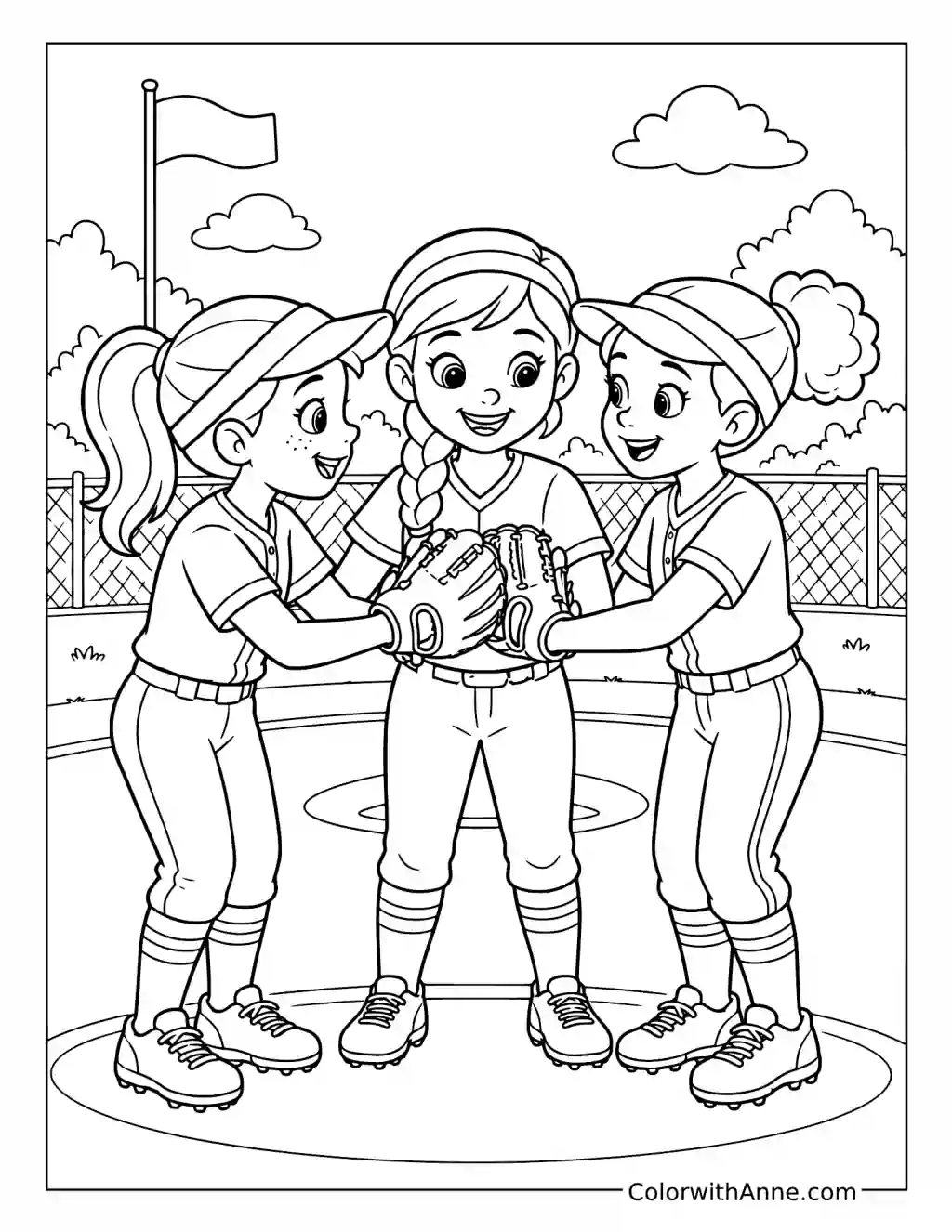 Girls' Softball Pregame Huddle coloring page
