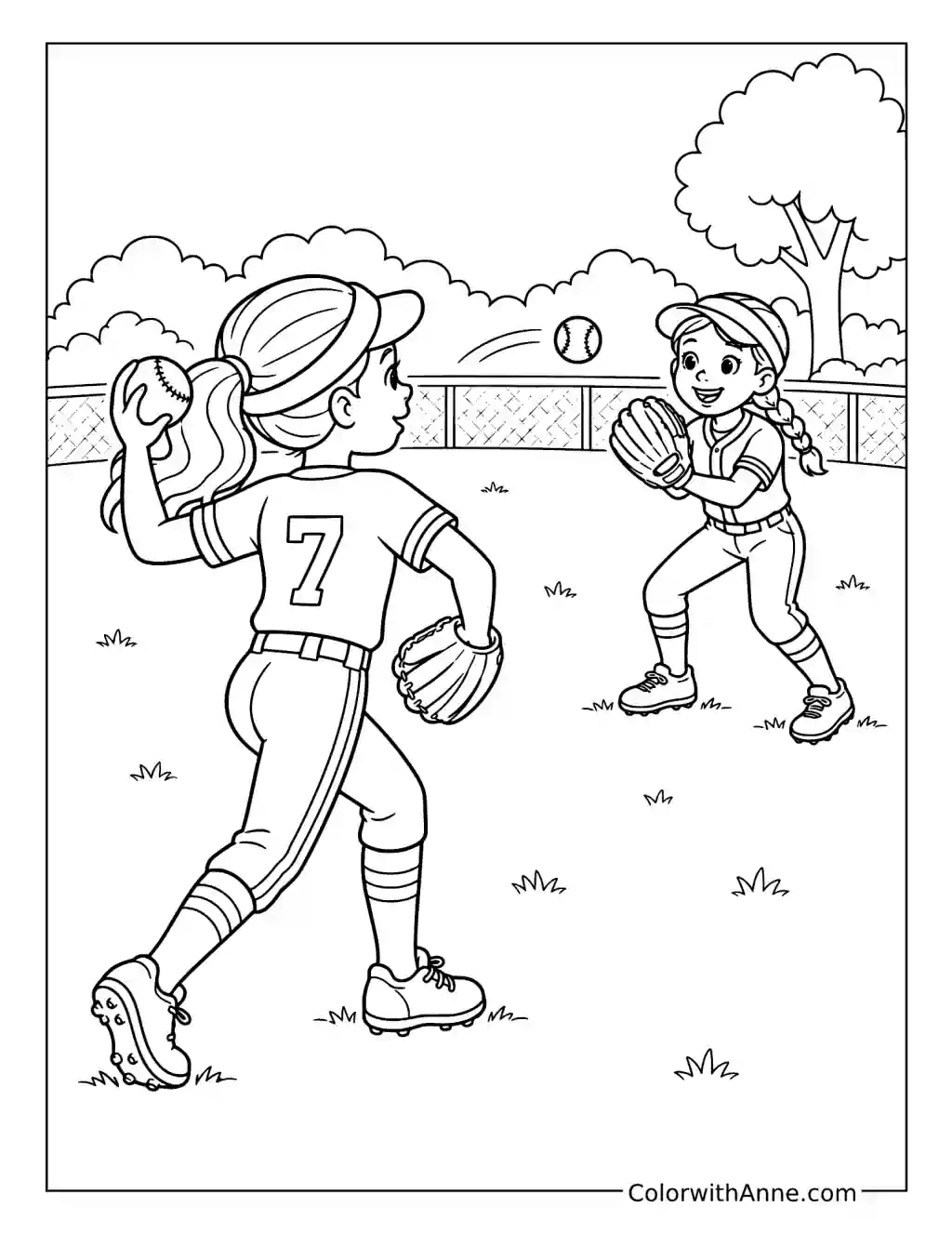 Girls' Softball Throwing and Catching Practice coloring page