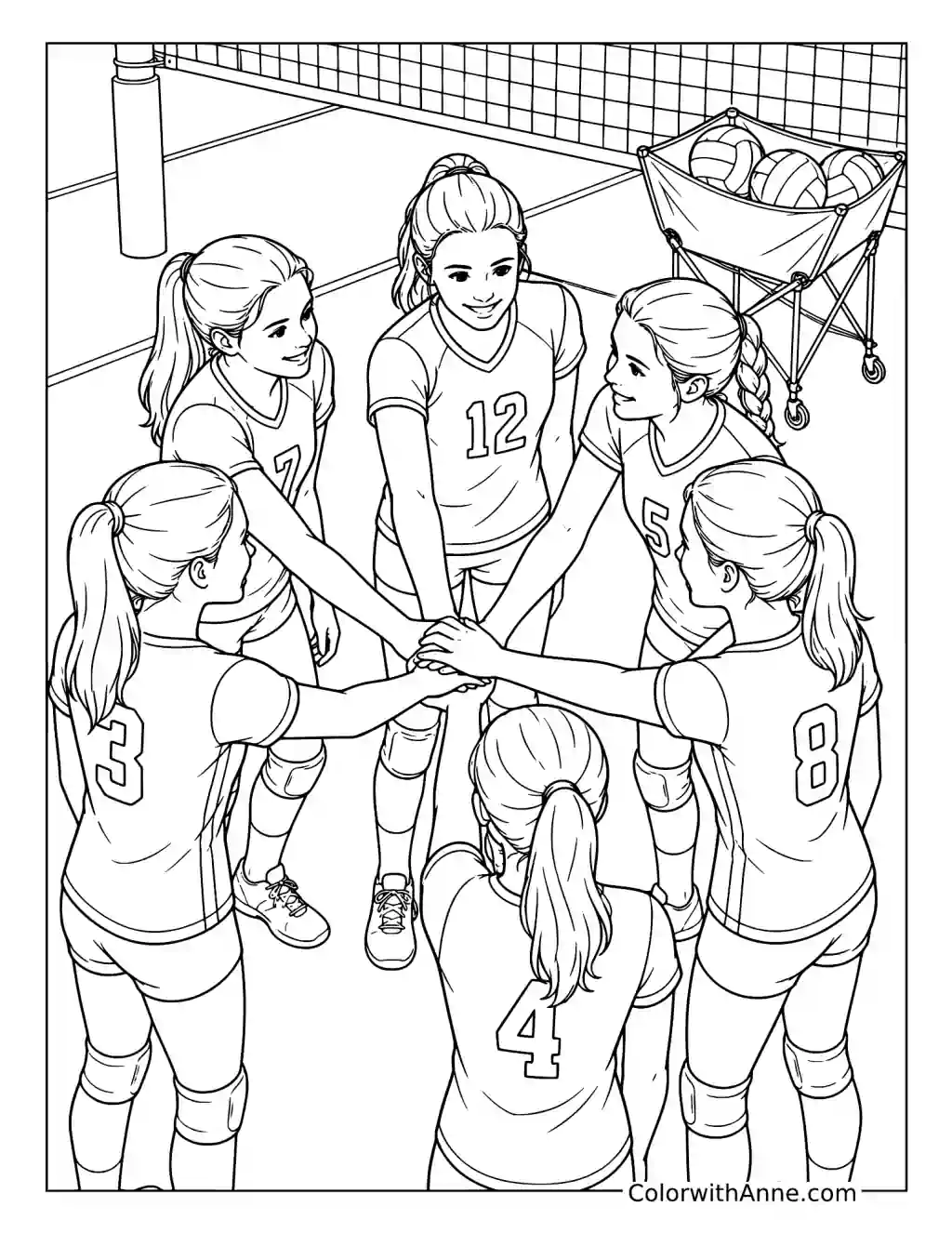 Girls' Team Huddle coloring page