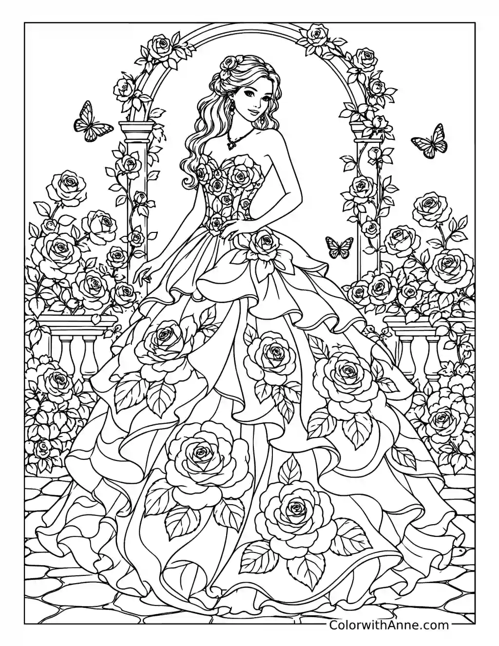 Glamorous Floral Ball Gown in Rose Garden coloring page