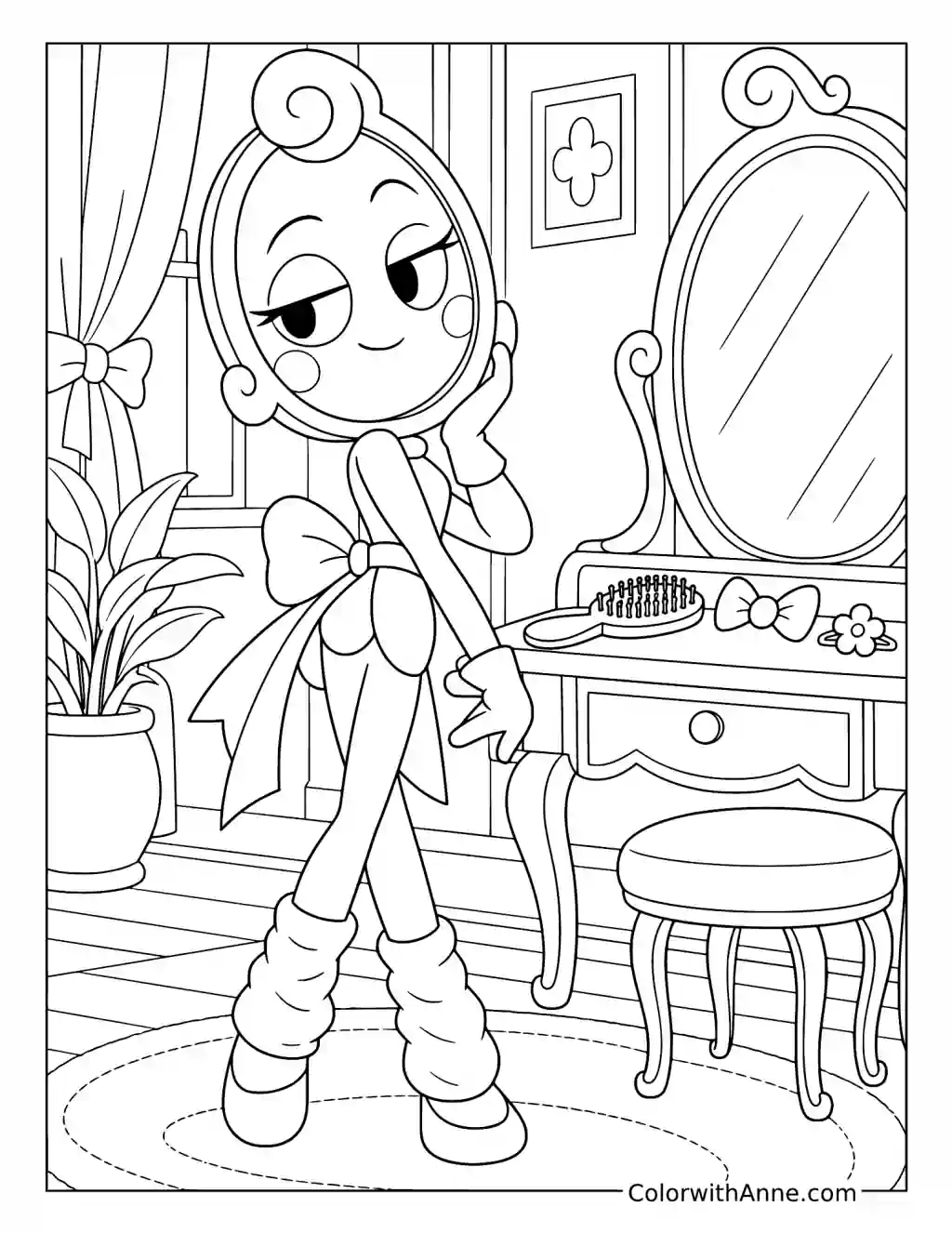Glisten poses beside an oval vanity mirror with a hairbrush, small ornaments, and curtains nearby.