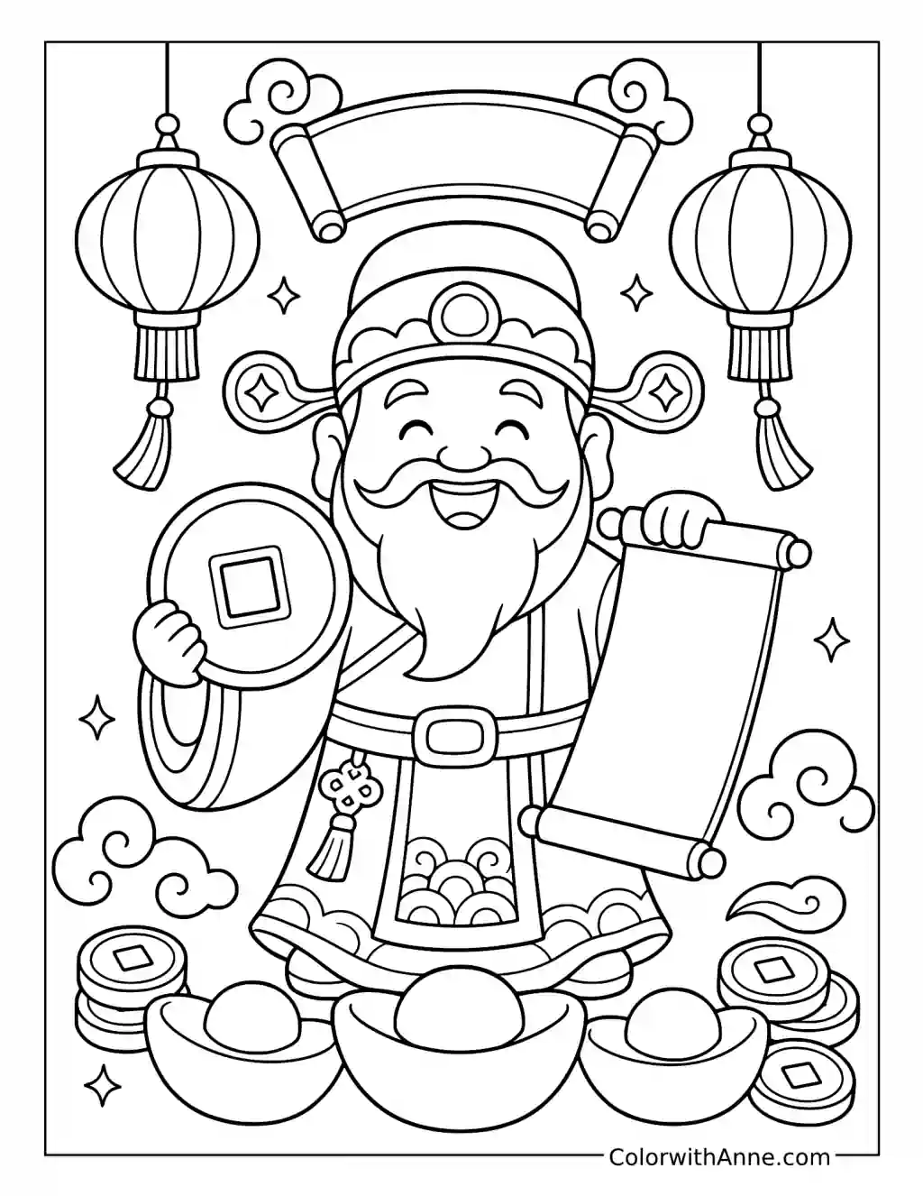 God of Wealth with Coins and Ingots coloring page