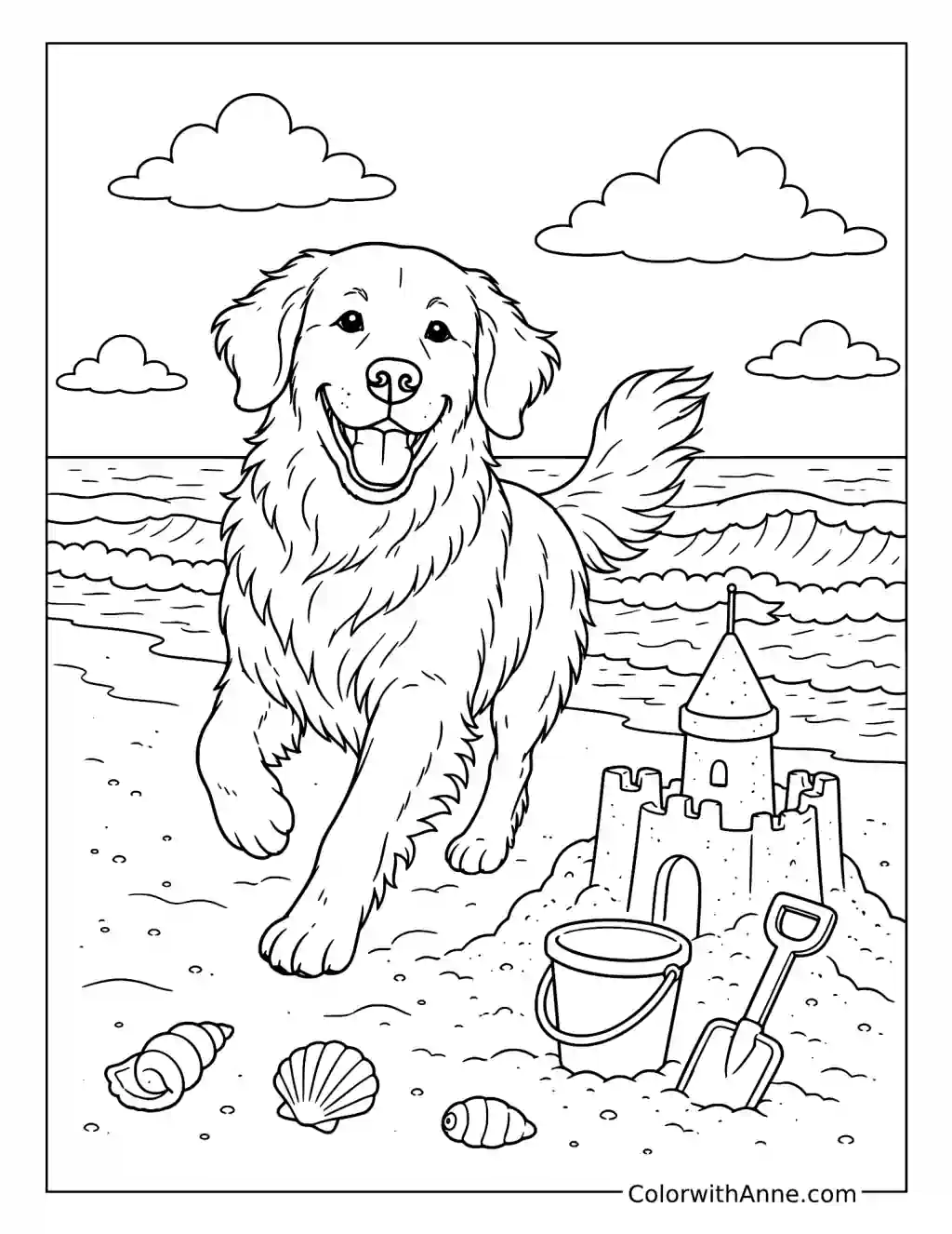 Golden Retriever at the Beach coloring page
